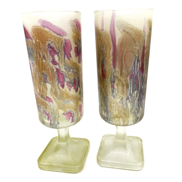 2 x ITALY Satin Art Glass Flutes (Rueven Glass ?) Two Frosted Glasses MCM - Picture 2 of 4
